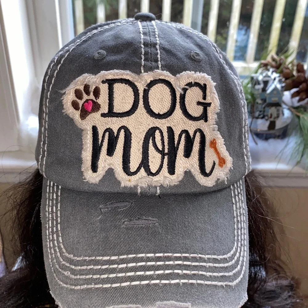 NWOT KBKethos Gray Ladies Dog Mom Logo Adjustable Strap Back Distressed Cap